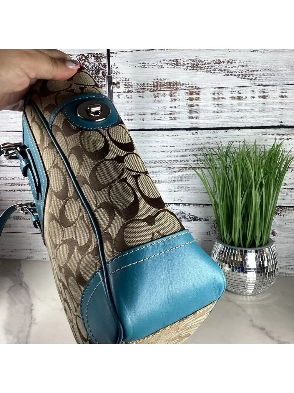 Coach Y2K Signature Gallery Shoulder Bag Teal Blue Tan Brown‎ Tote Leather Lapto